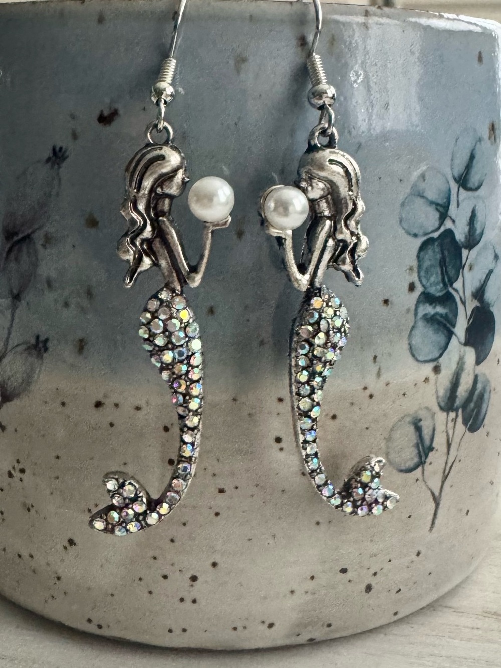 Mermaid Drop Earrings with Iridescent Crystals and Pearl Detail 2.5” long - Picture 7 of 8